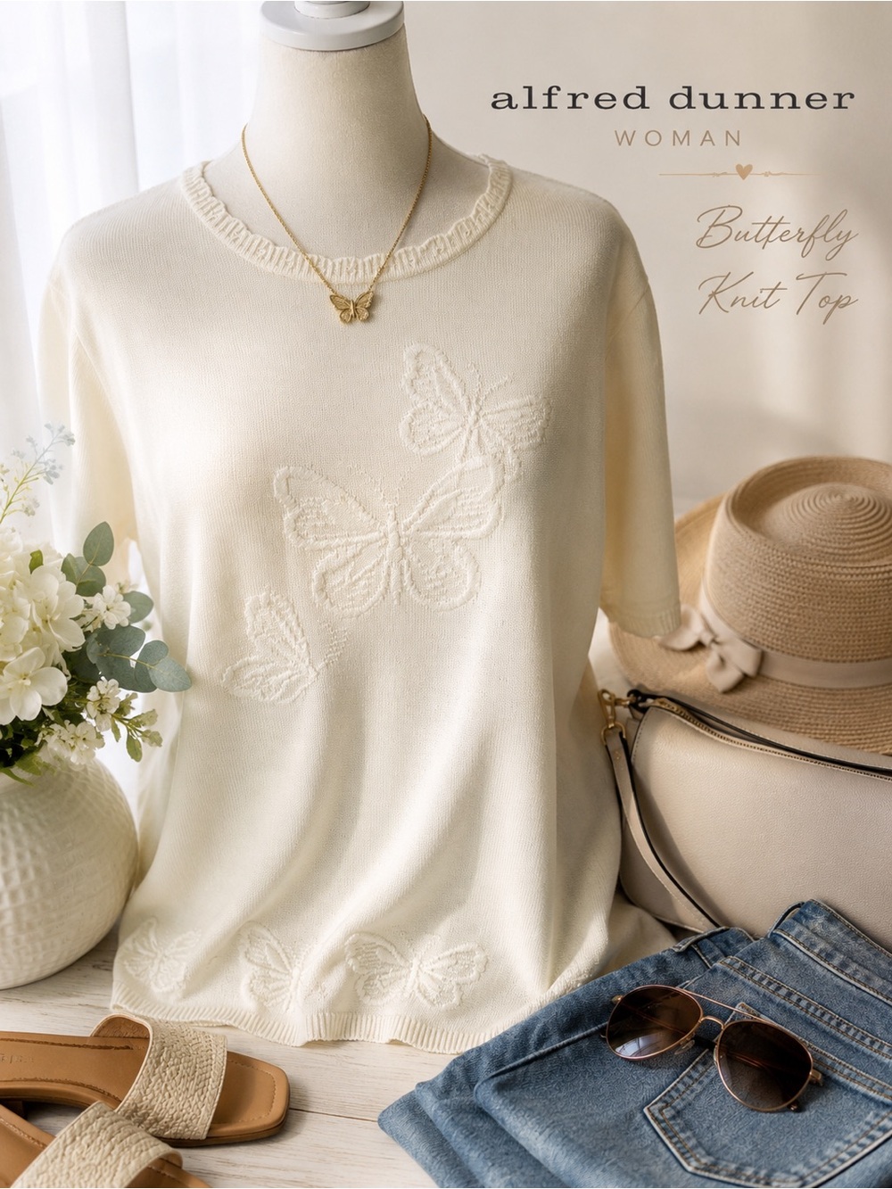 Alfred Dunner Cream Butterfly Embroidered Knit Sweater